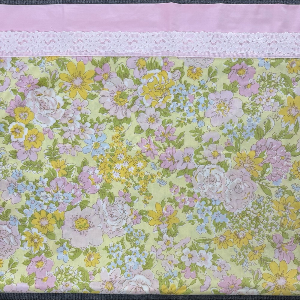 Vintage Twin Flat Sheet Floral Pink Lace Trim Cottagecore 1970s Flower Sears USA